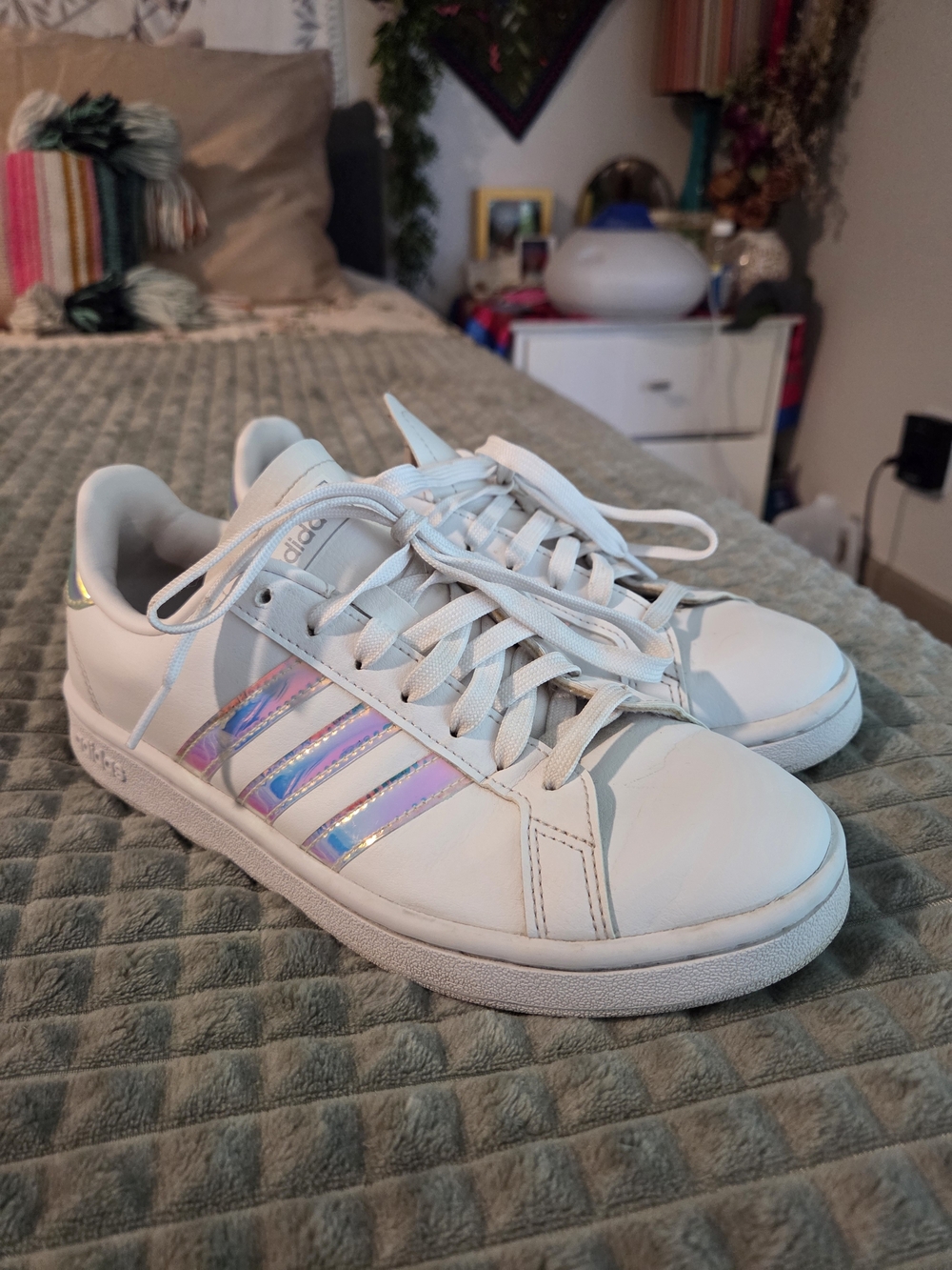 Adidas White Sneakers with Iridescent Three Stripes